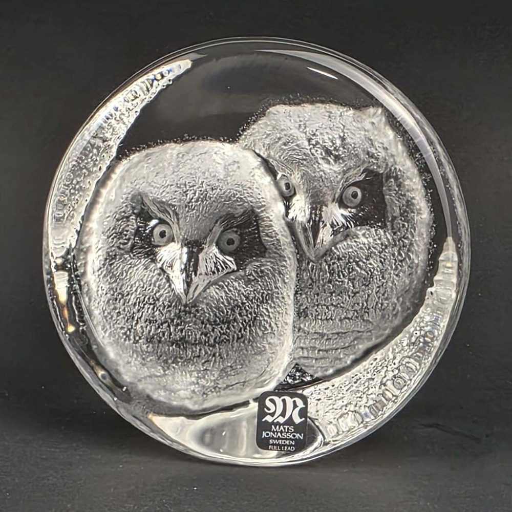 Mats Jonasson Sweden Crystal Owl Paperweight Sculpture Signed 3331 w Box